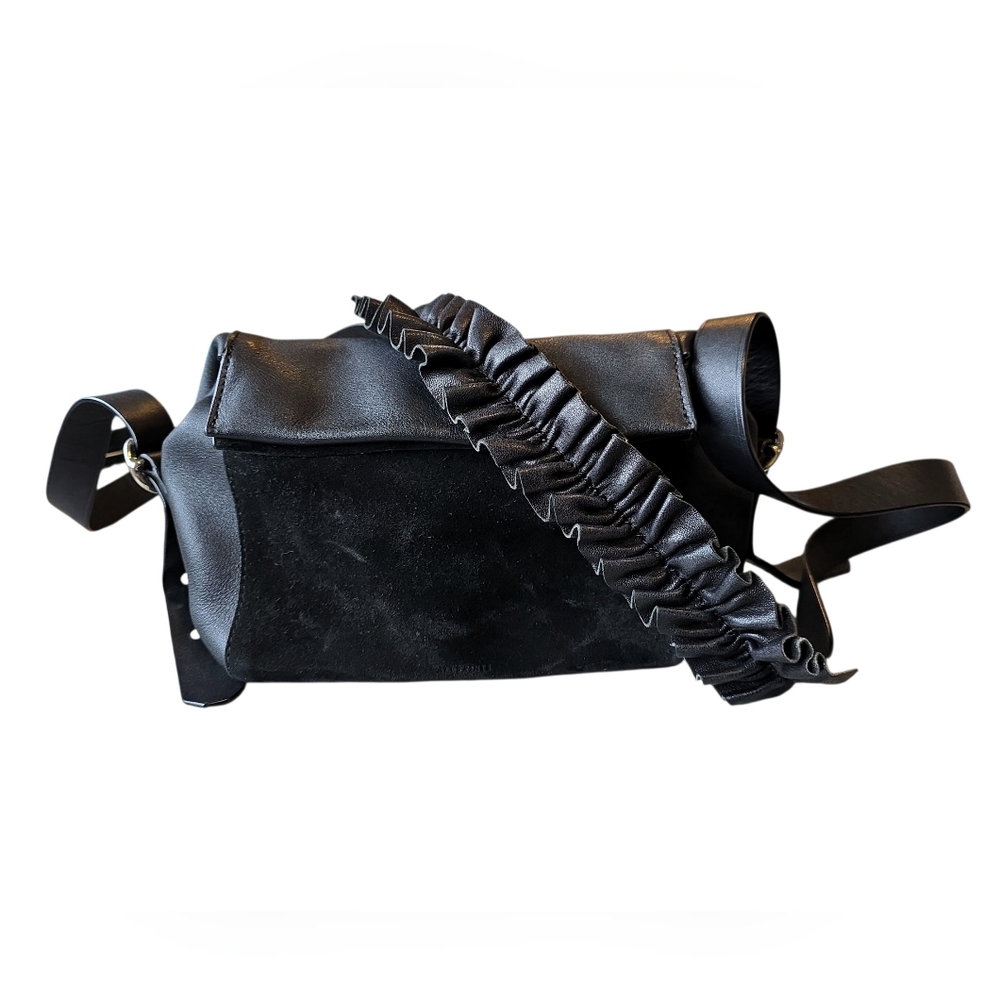 Black Convertible Leather & Suede Crossbody Bag with Ruffled Strap